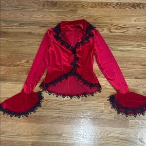 Lace Trim Goth Cross Embroidery Flare Sleeve Velvet Blazer Jacket Red Black smal